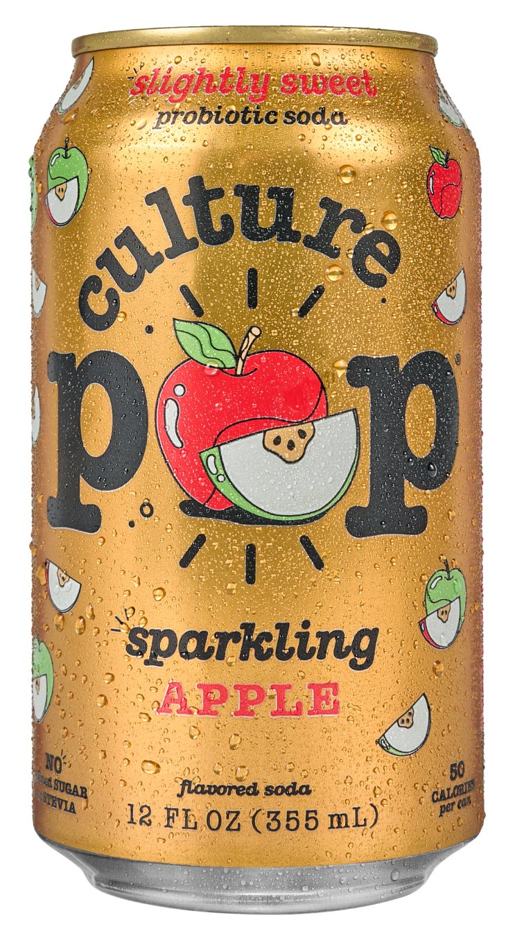 A 12 fl oz can of Culture Pop Sparkling Apple flavored soda, featuring a metallic gold label with a red apple illustration and black lettering, set against a plain white background.